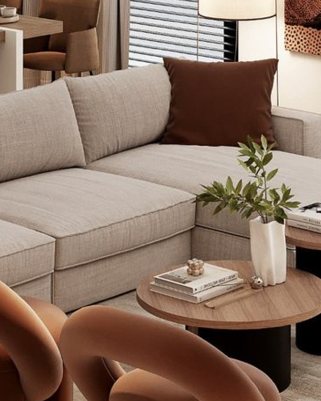 Living elegante con tonos neutros, textiles y luz suave